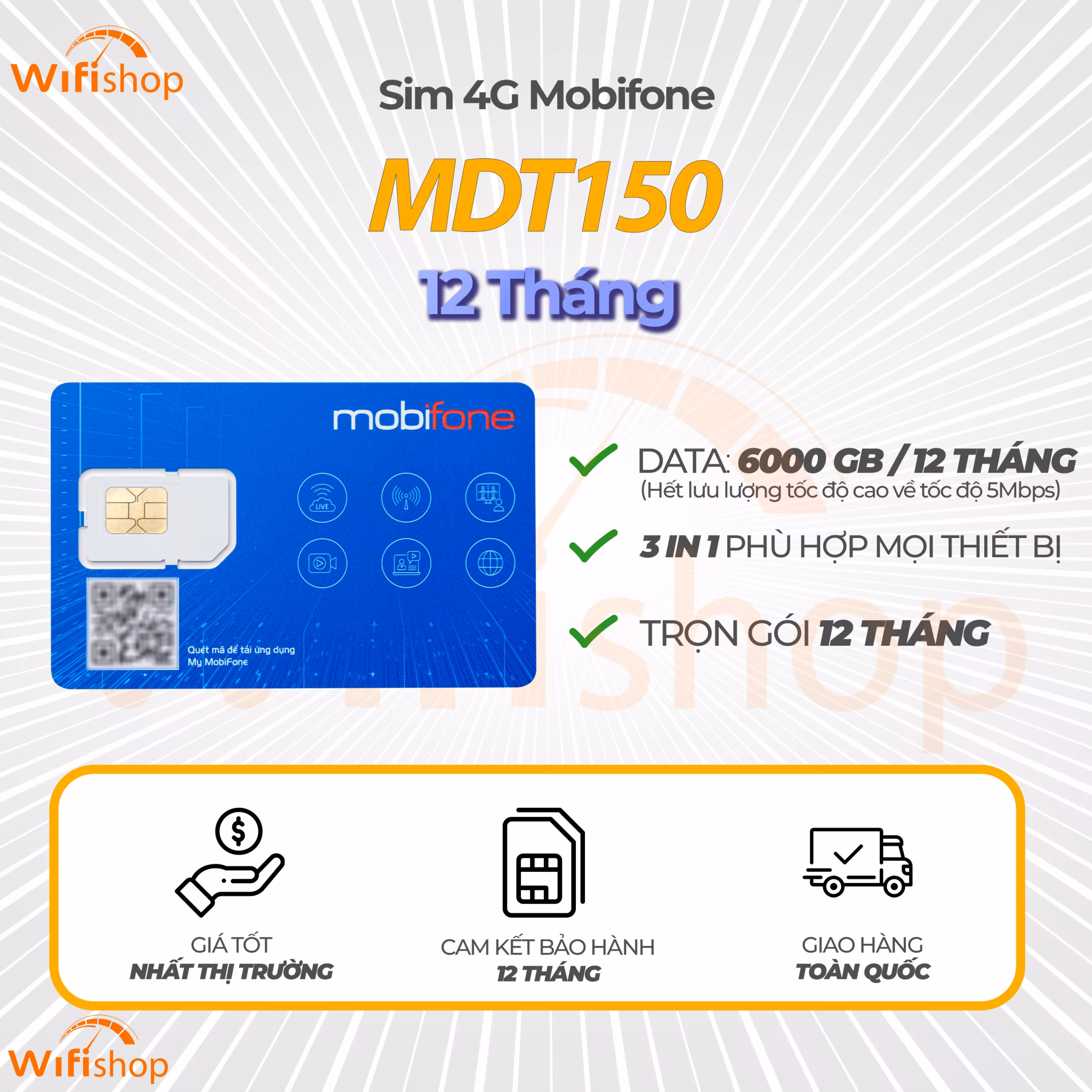 Sim 4G Mobifone MDT150 tặng 500GB/tháng nạp hàng tháng