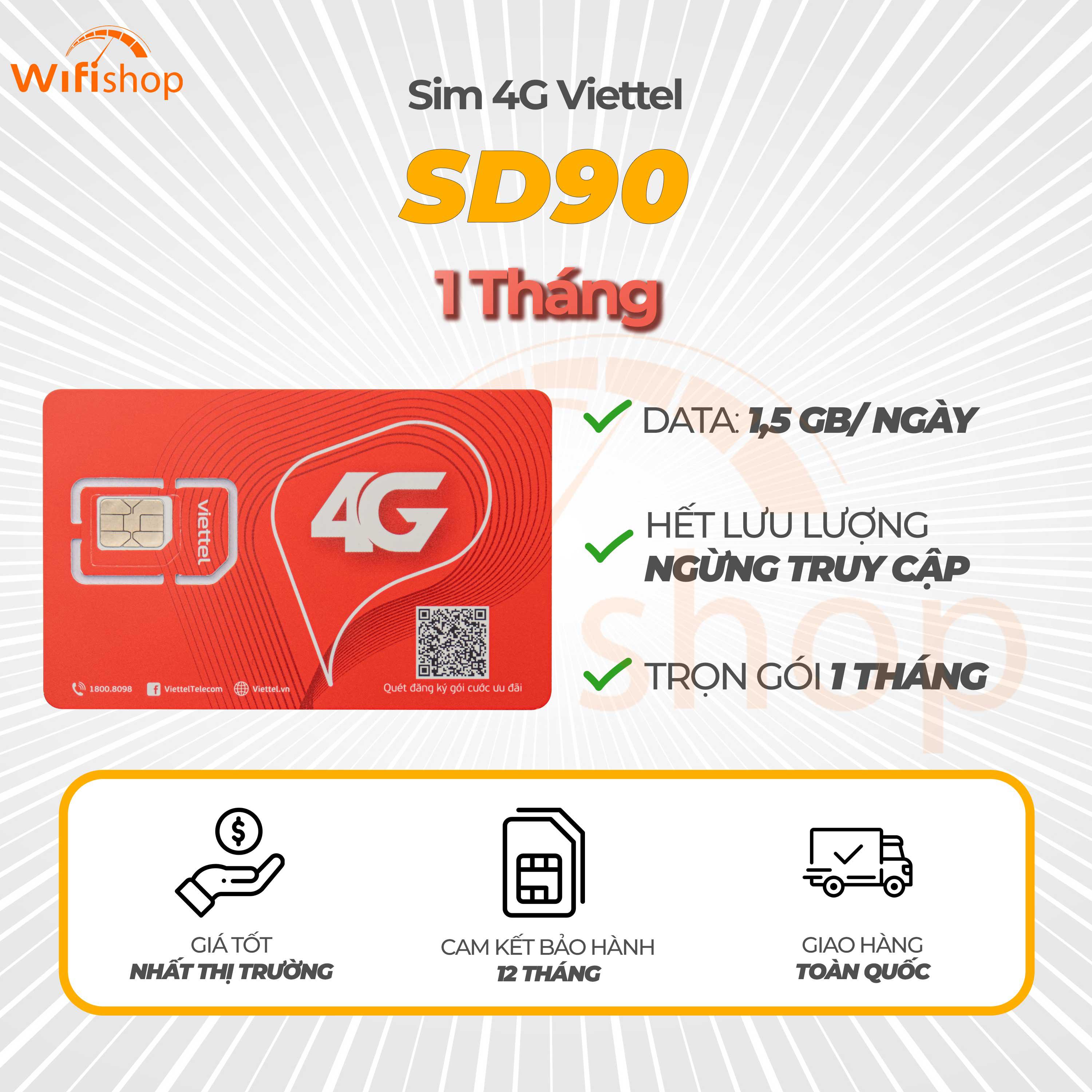 Sim Viettel SD90 1,5GB/Ngày (45GB/Tháng), Nạp tiền theo tháng