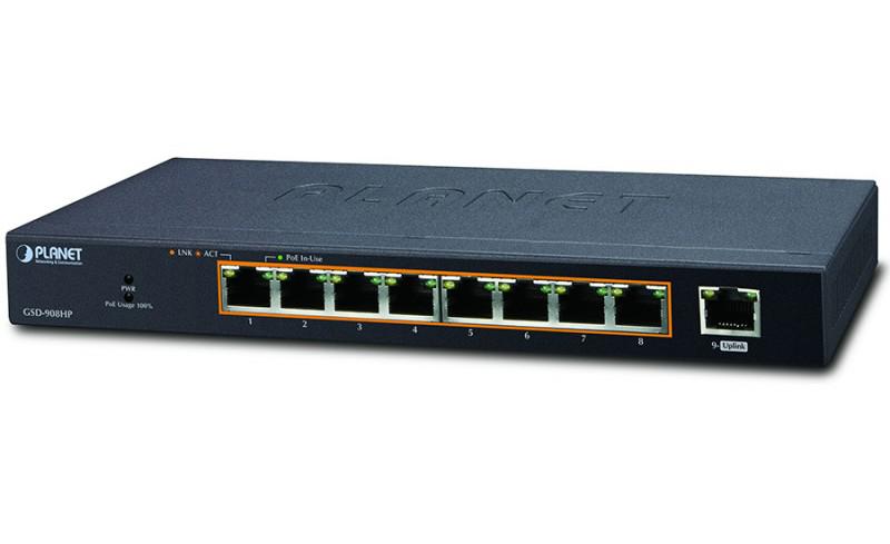 Switch Chia Mạng Planet GSD-908HP, Gigabit Ethernet Switch 8-Port POE 802.3at + 1-Port Gigabit (100W POE, VLAN mode support)