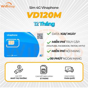 Sim Vinaphone VD120M 1GB/Ngày (30GB/Tháng) Miễn phí Youtube, Tiktok, Facebook, Trọn gói 12 tháng