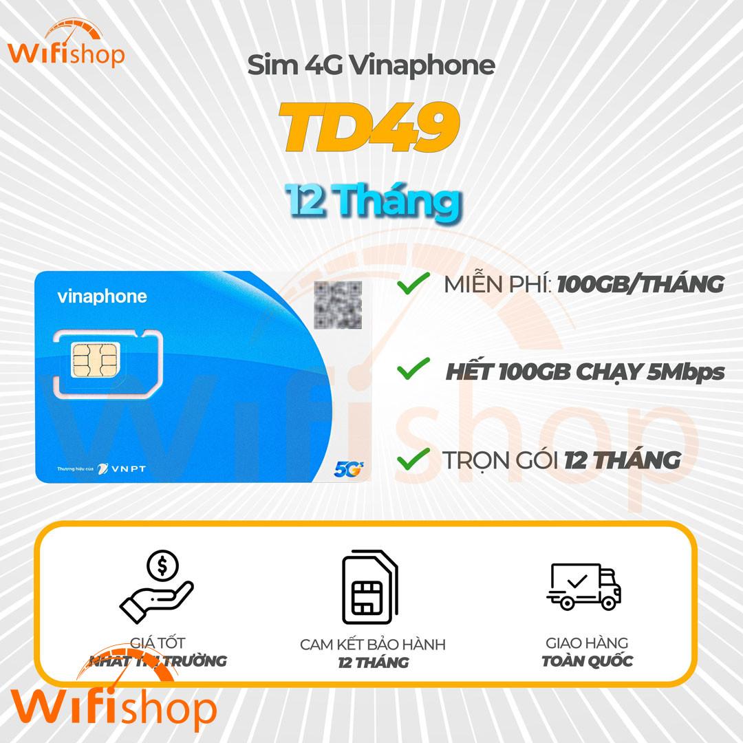 Sim 5G Vinaphone TD49 Khuyến Mãi 100GB/tháng, trọn gói 12 tháng