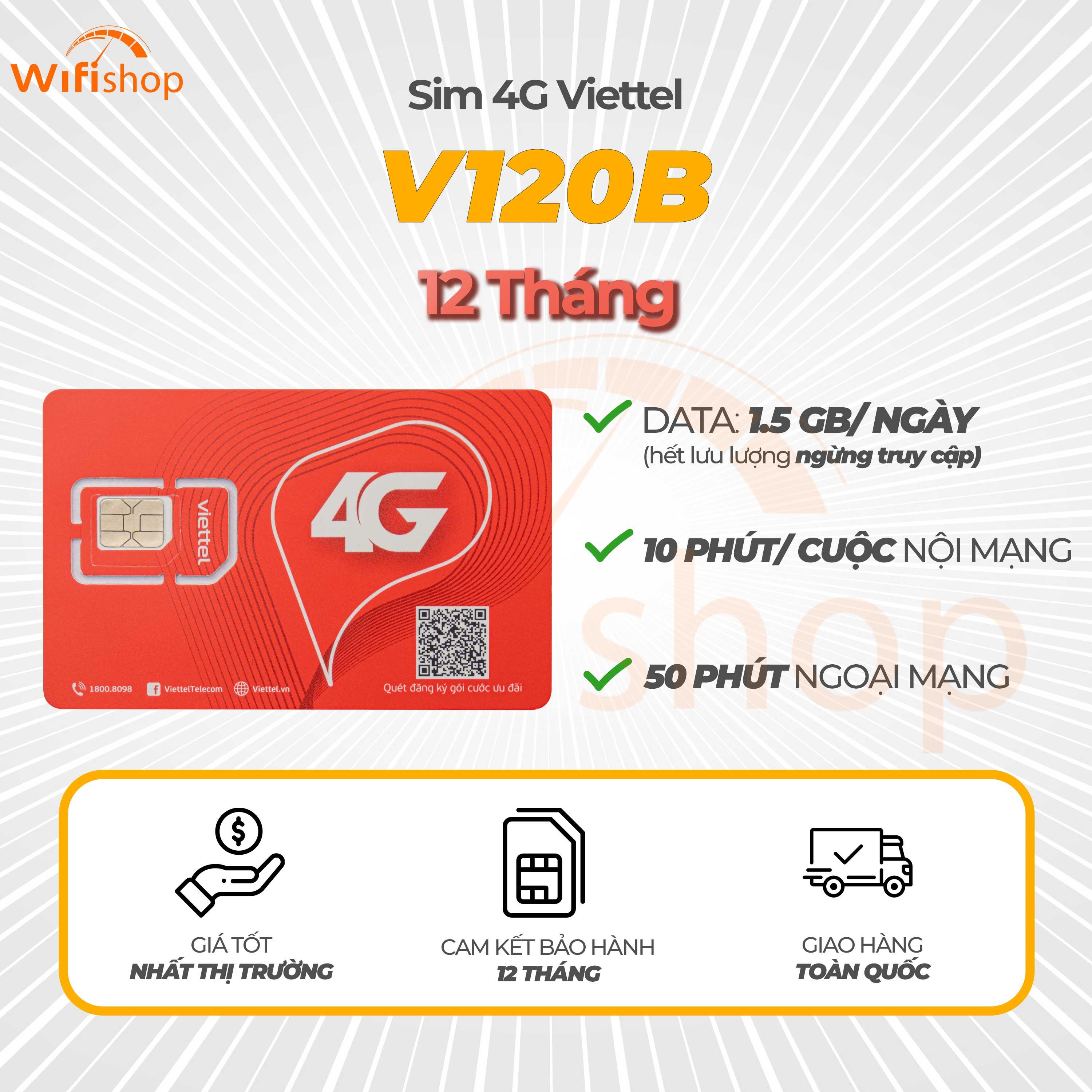 Sim Viettel V120B 1,5GB/Ngày (45GB/Tháng), Miễn phí nội mạng, 50 phút ngoại mạng