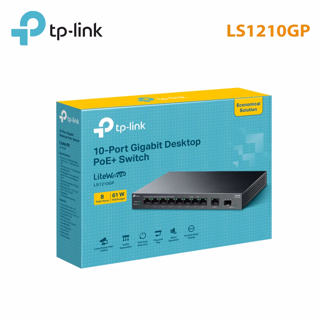 Switch 10 Cổng TP-Link Litewave LS1210GP | 8 Cổng PoE+, Công Suất 61W