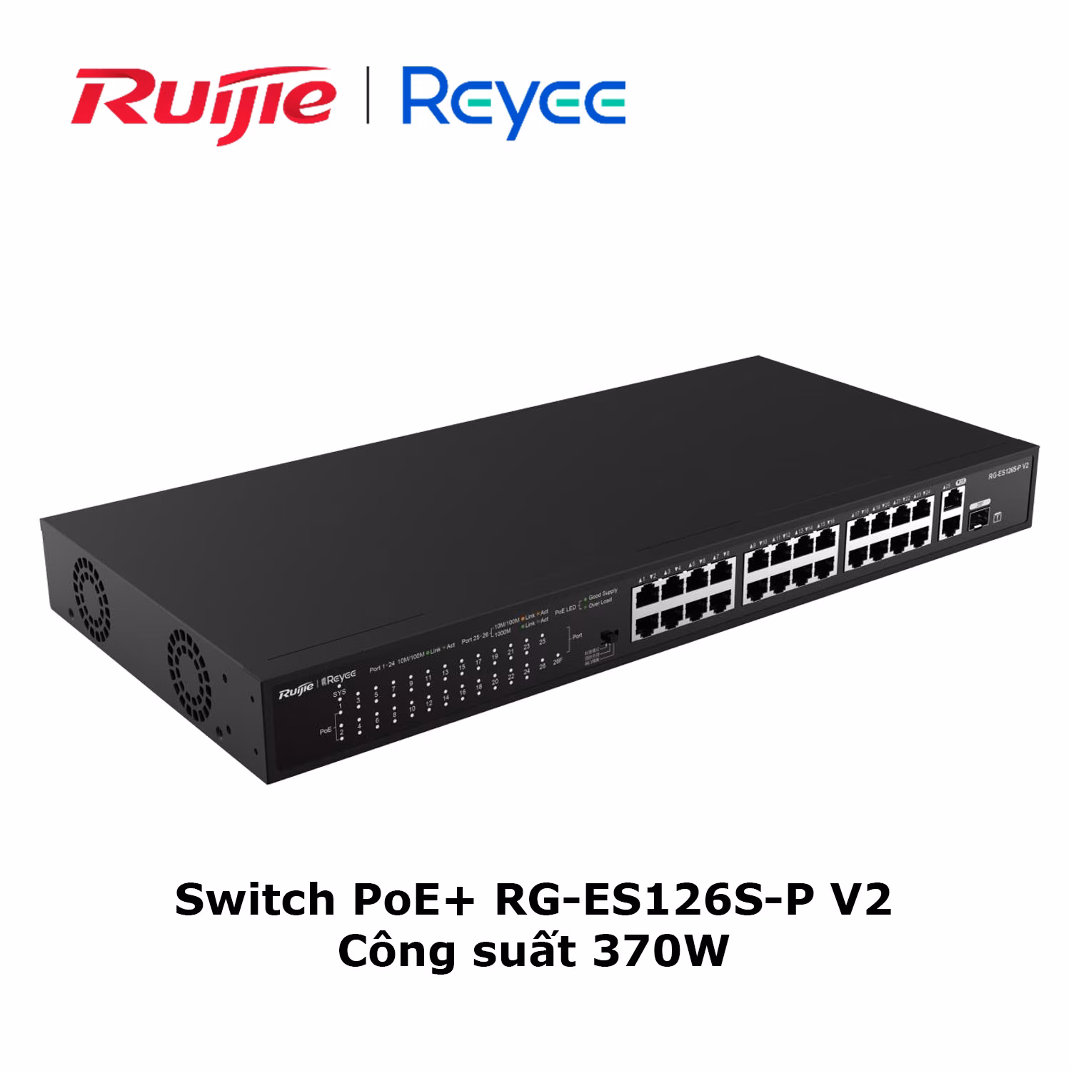 Switch PoE+ Ruijie Reyee RG-ES126S-P V2, 24 Cổng PoE+ & Công Suất 370W, Hiệu Suất Mạnh Mẽ
