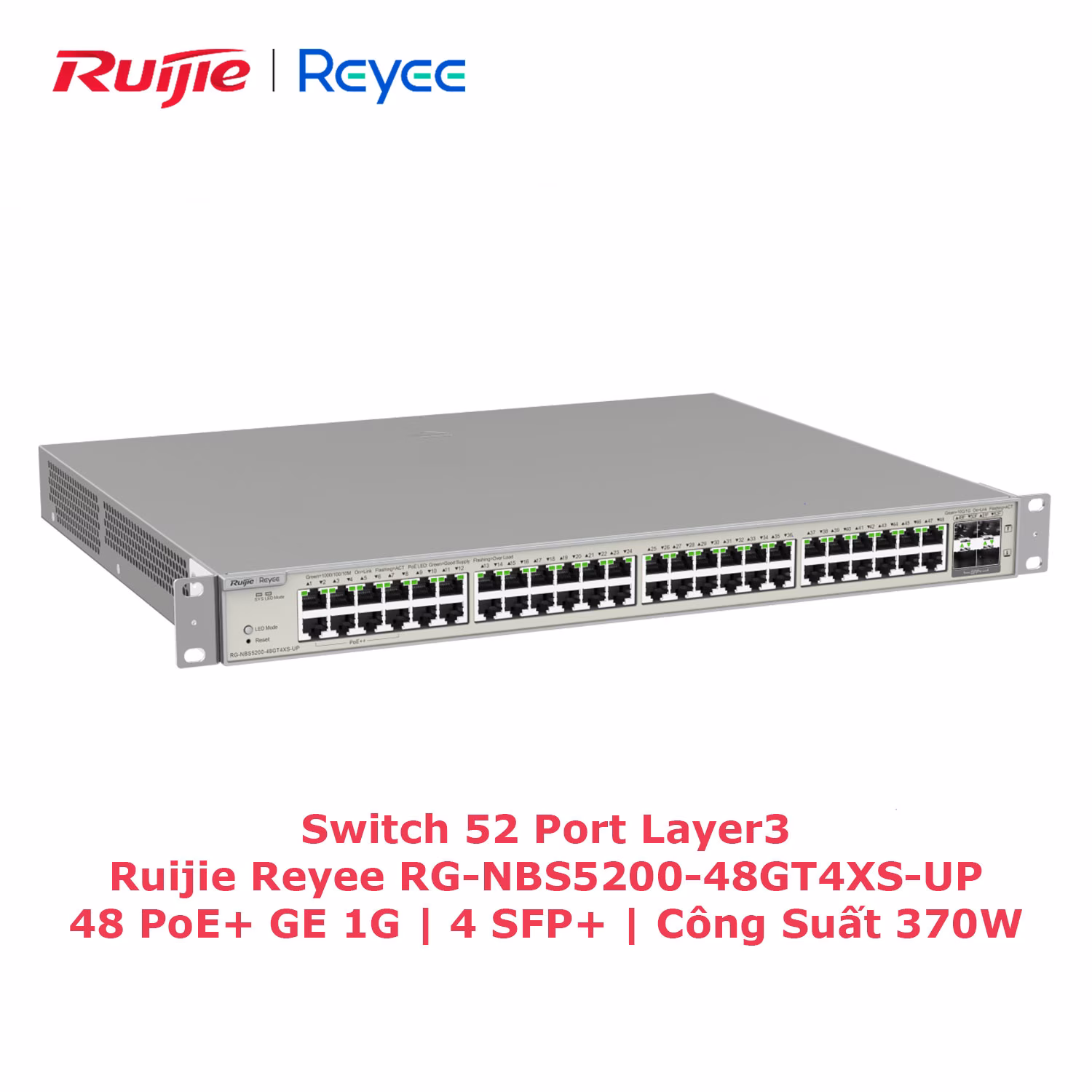 Switch PoE+ 52 Port Layer 3 Ruijie RG-NBS5200-48GT4XS-UP, Công Suất 740W, Kết Nối Mạnh Mẽ