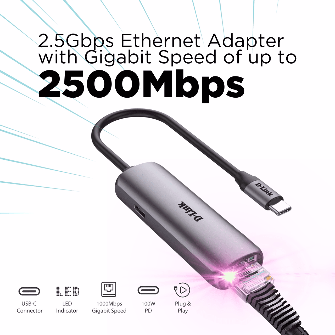 Bộ chuyển đổi USB-C sang Ethernet 2.5Gbps DLINK DUB-E255 với công suất cung cấp 100W