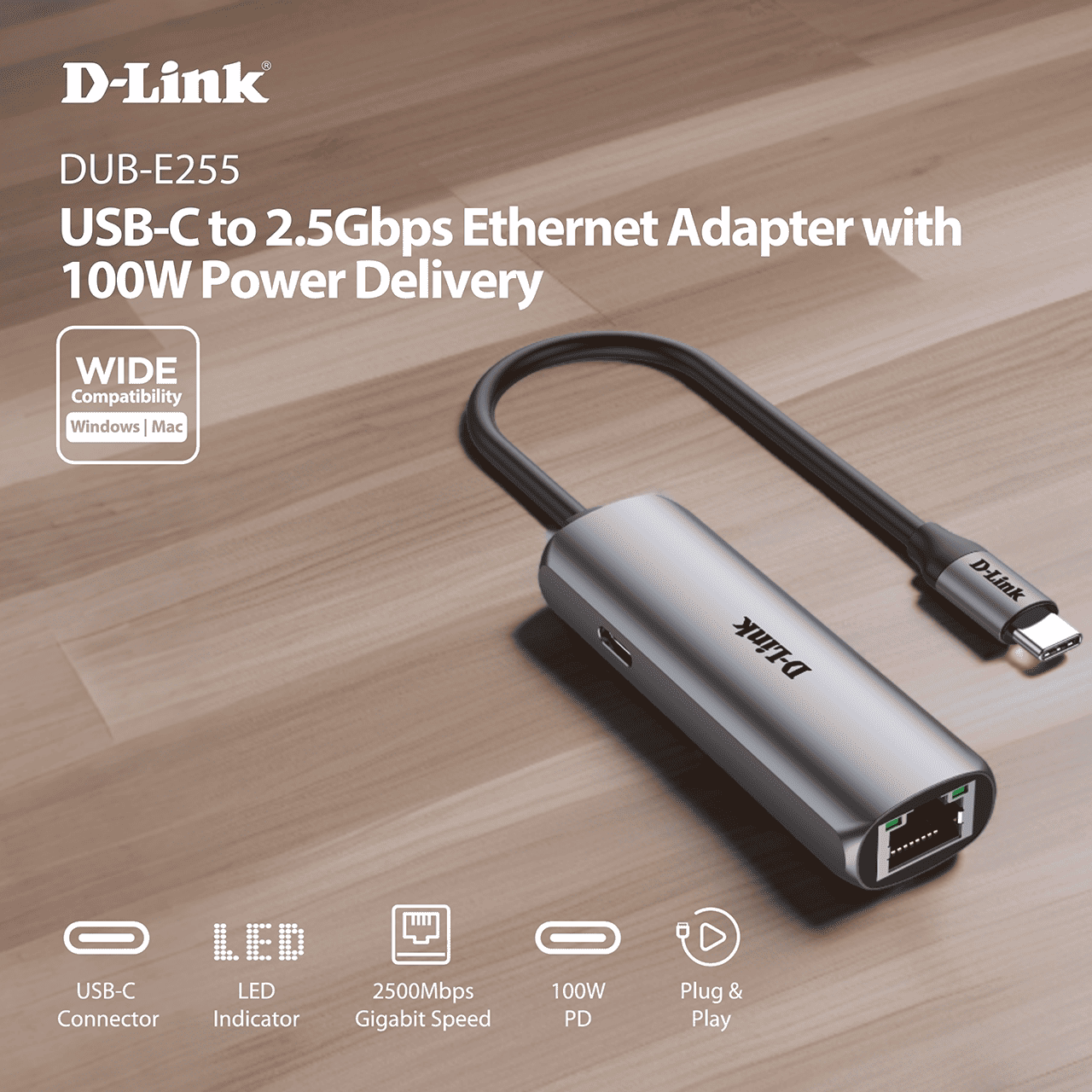 Bộ chuyển đổi USB-C sang Ethernet 2.5Gbps DLINK DUB-E255 với công suất cung cấp 100W