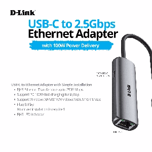 Bộ chuyển đổi USB-C sang Ethernet 2.5Gbps DLINK DUB-E255 với công suất cung cấp 100W