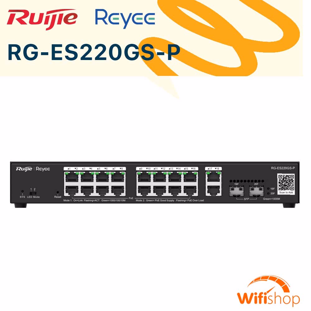 Switch PoE+ Ruijie RG-ES220GS-P, 20 Port Cloud Managed, Công Suất 250W