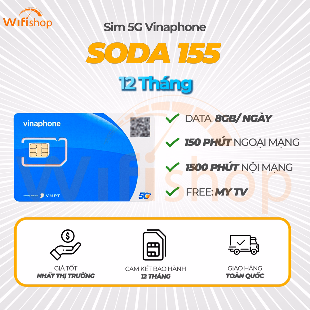 SIM 5G Vinaphone SODA155 8GB/Ngày, 1500 Phút Nội Mạng, 150 Phút Ngoại Mạng