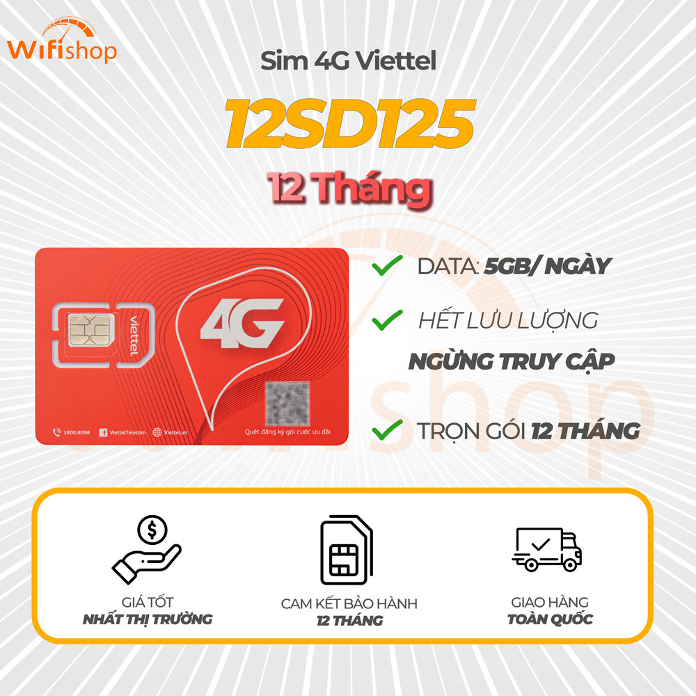 Sim Viettel 4G SD125 5GB/Ngày (150GB/Tháng) 12 tháng không nạp tiền
