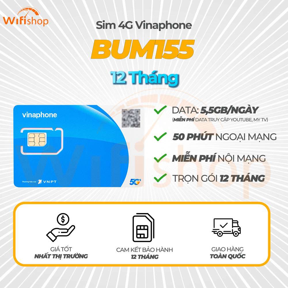 Sim Vinaphone BUM155 5,5GB/Ngày Miễn Phí Nội Mạng, 50 Phút Ngoại Mạng, Trọn Gói 12 Tháng