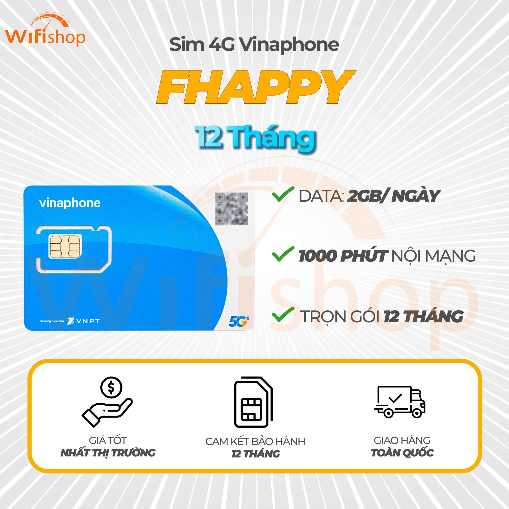 Sim 5G Vinaphone FHAPPY 2Gb/Ngày (60Gb/Tháng) +1000 phút nội mạng - 12 Tháng không nạp tiền
