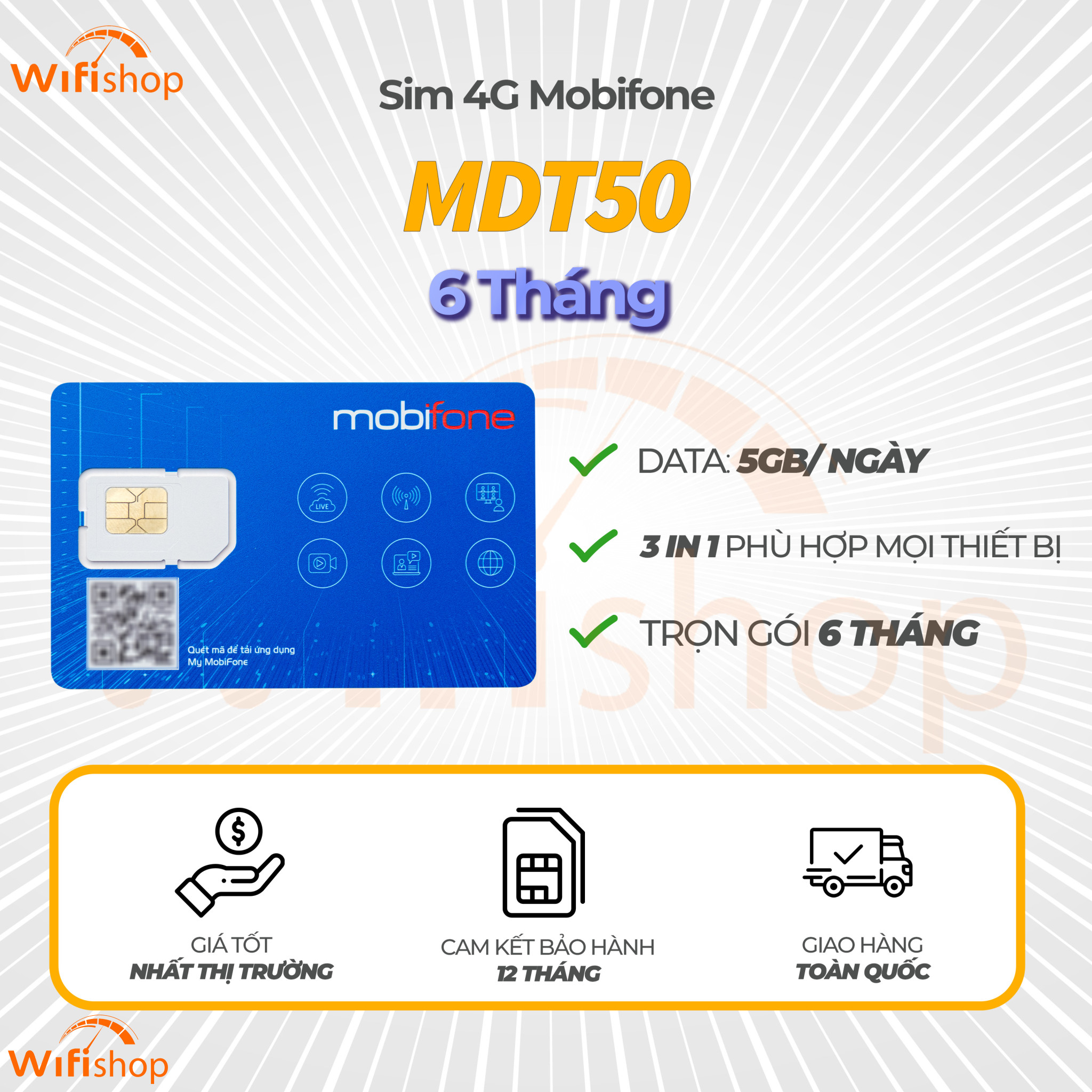 Sim Mobifone 6MDT50 5GB/ngày 150GB/tháng, trọn gói 6 tháng không phải nạp tiền