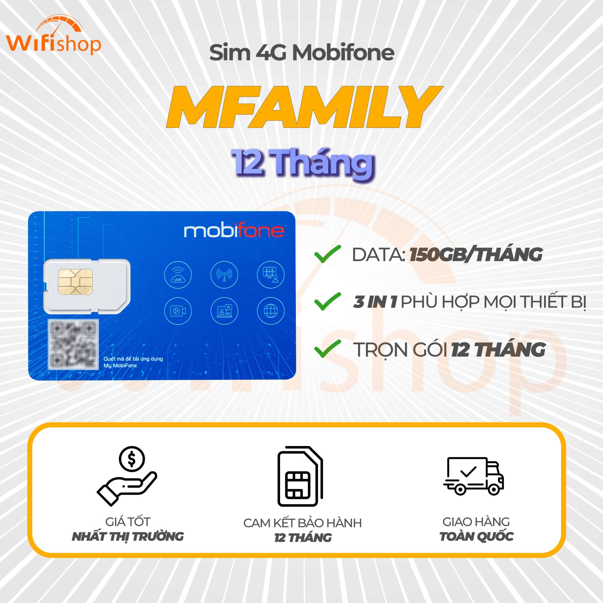 Sim Mobifone mFamily 150Gb/tháng không chia dung lượng theo ngày trọn gói 12 tháng