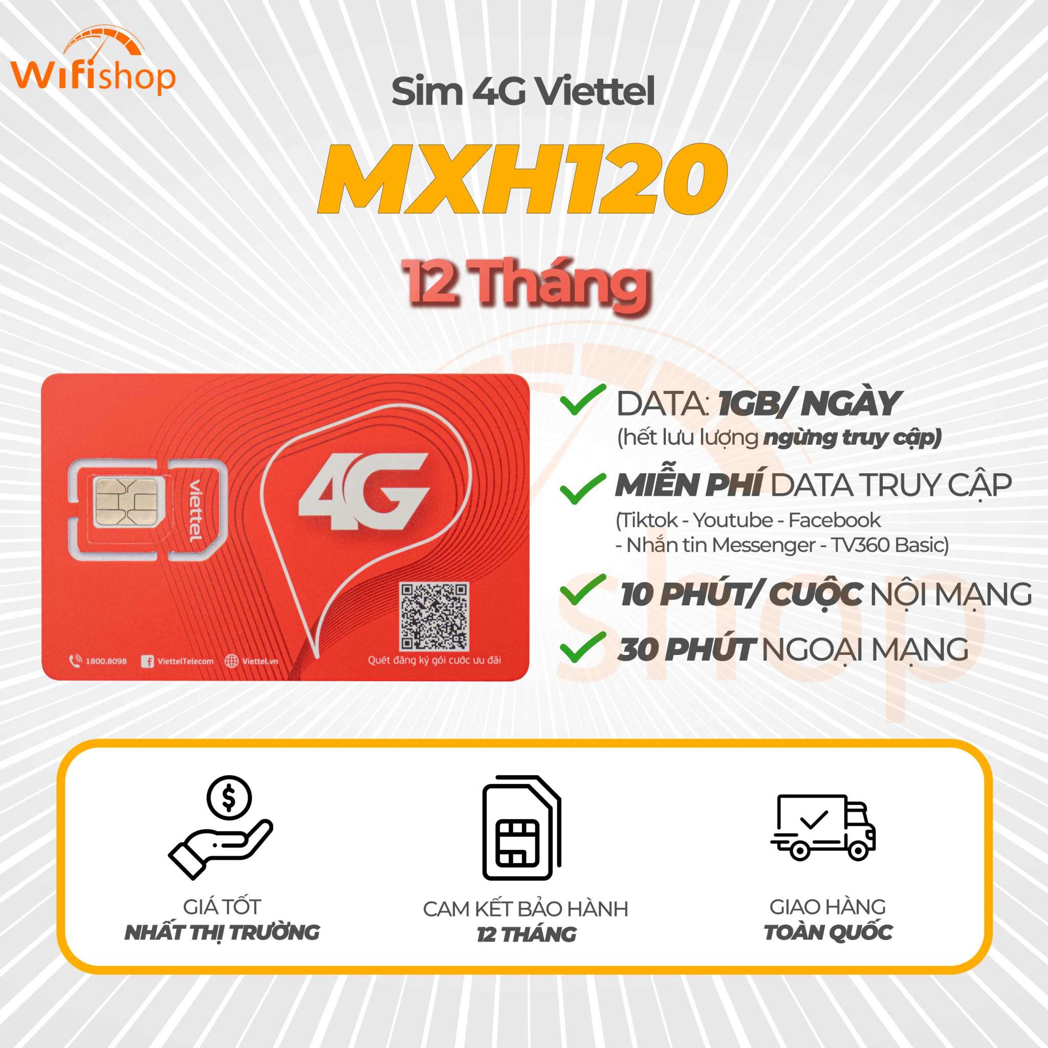 Sim Viettel MXH120 1GB/Ngày, Miễn phí YouTube, Facebook, Tiktok, Messenger, Trọn gói 12 tháng