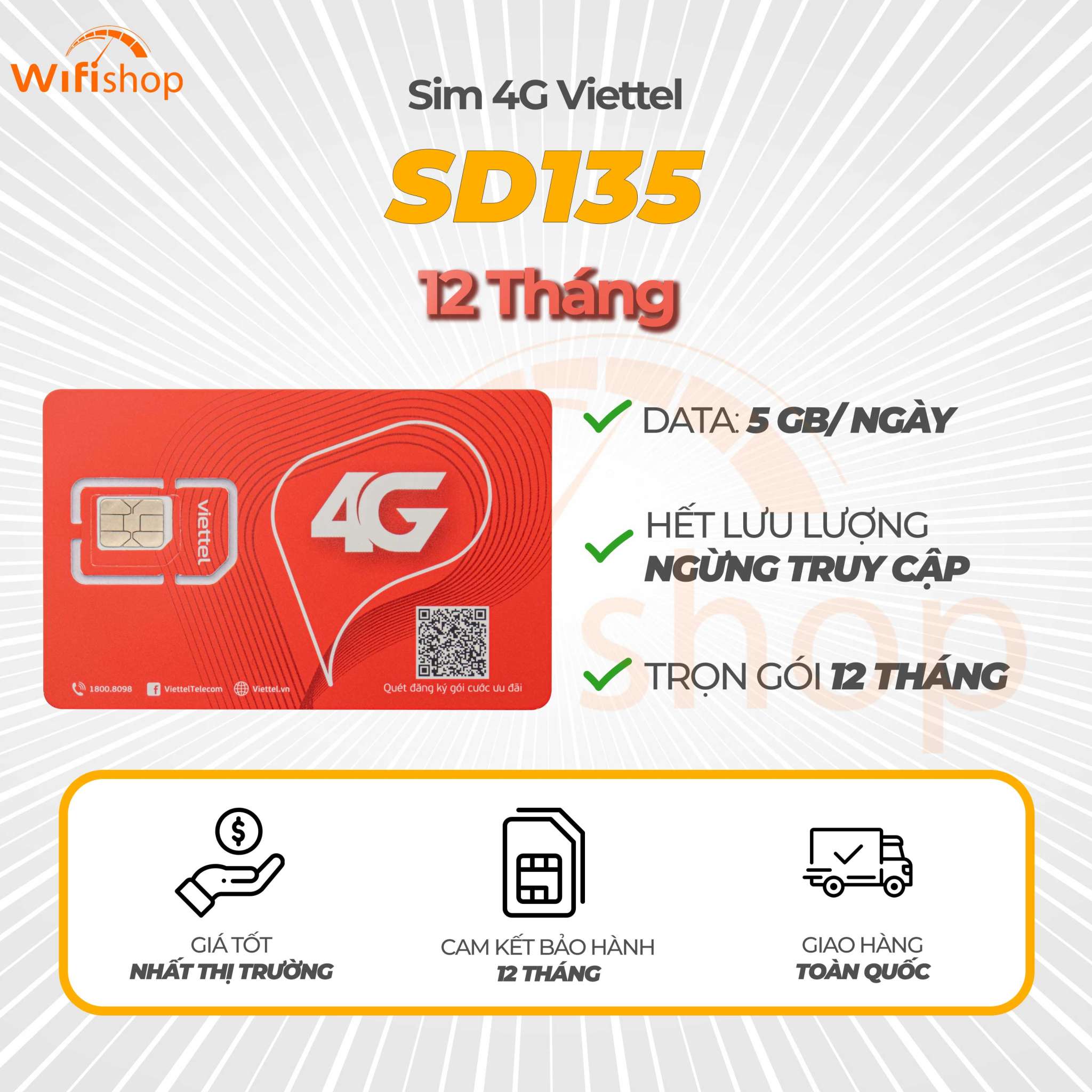 Sim Viettel SD135 5GB/Ngày (150GB/Tháng), Trọn gói 12 tháng
