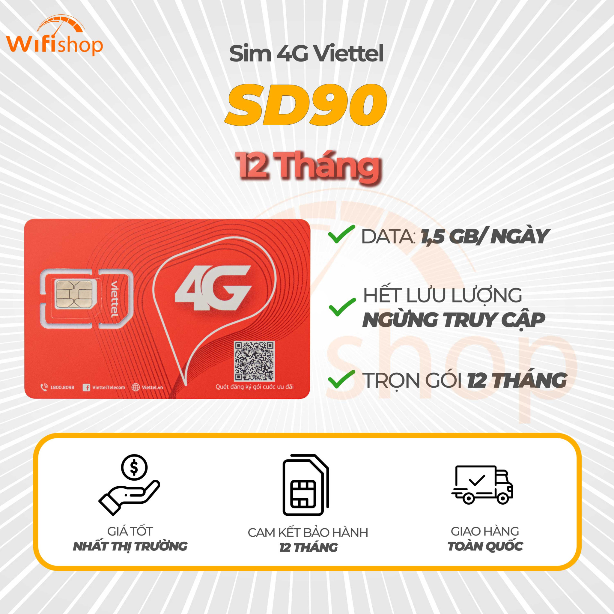 Sim Viettel SD90 1,5GB/Ngày (45GB/Tháng), Trọn gói 12 tháng
