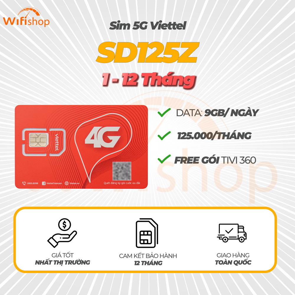 Sim 4G Viettel SD125Z 9GB/Ngày (270GB/Tháng) Đăng Ký 12 Tháng